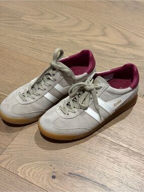 Gola Beige Suede Trainers with White Stripes and Gum Sole